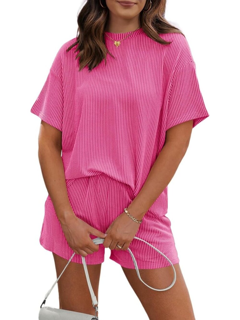〽️Women's Shorts Set Rose Red Short Sleeves 2 Piece Oversized Matching Tracksuit
